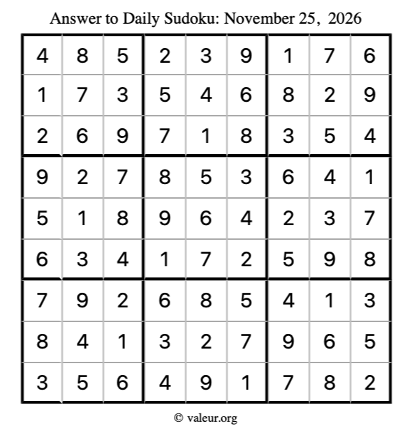 Answer to sudoku November 25, 2026