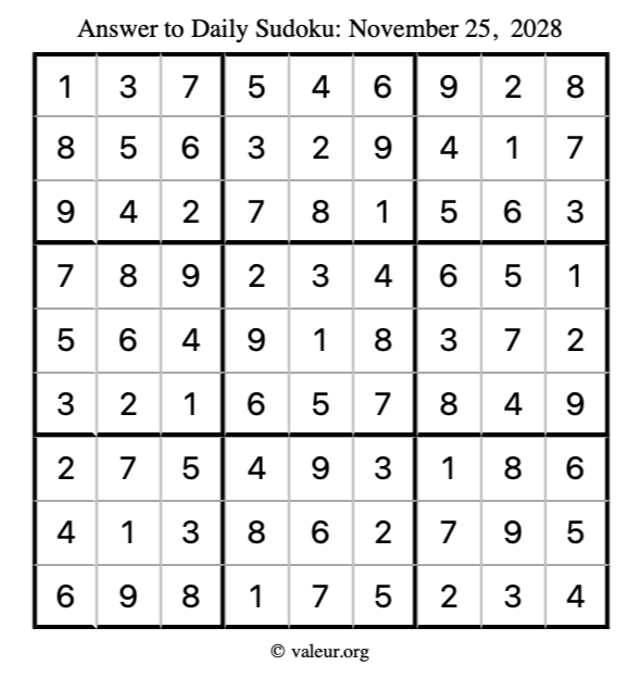 Answer to sudoku November 25, 2028
