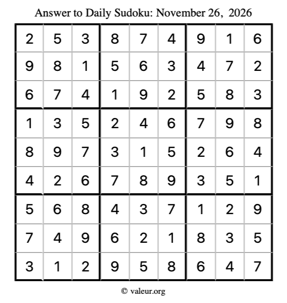 Answer to sudoku November 26, 2026
