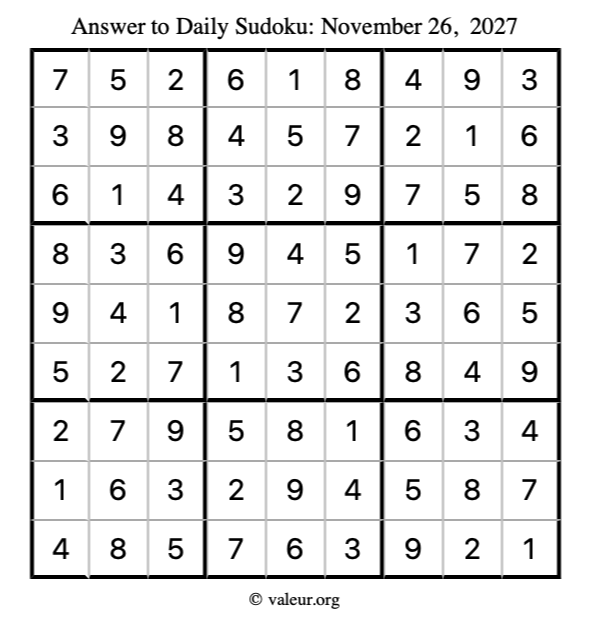 Answer to sudoku November 26, 2027