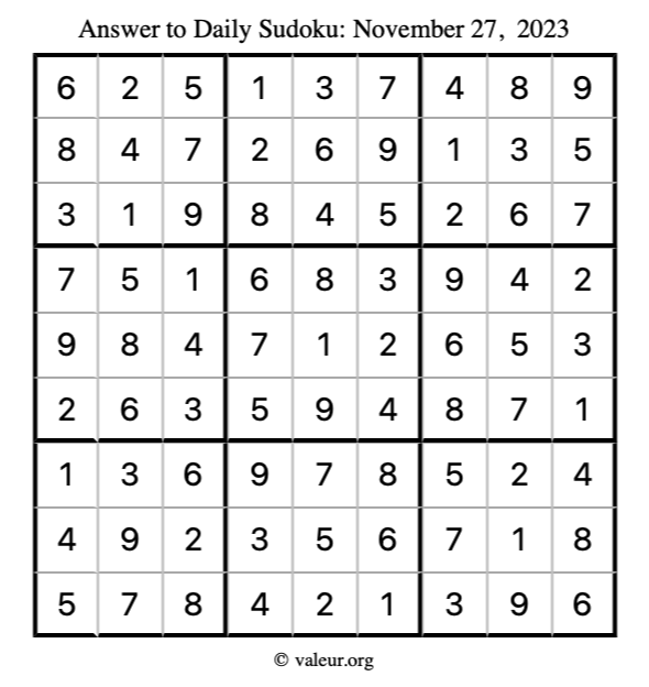 Answer to sudoku November 27, 2023