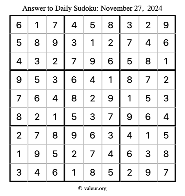 Answer to sudoku November 27, 2024