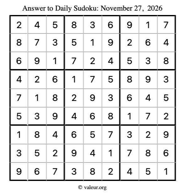 Answer to sudoku November 27, 2026