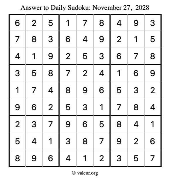Answer to sudoku November 27, 2028