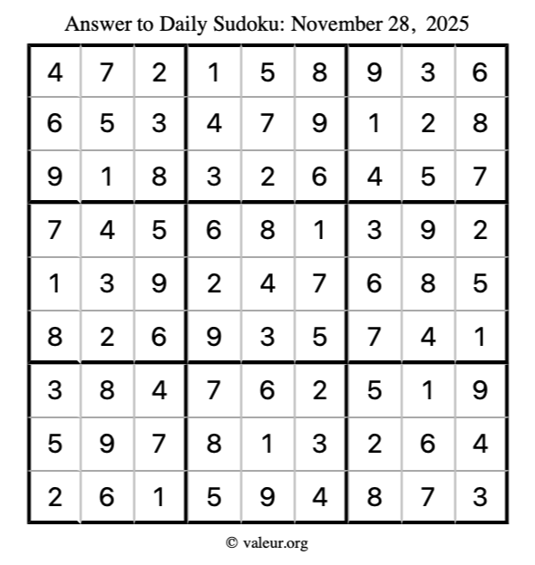 Answer to sudoku November 28, 2025