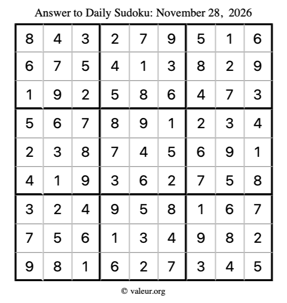 Answer to sudoku November 28, 2026