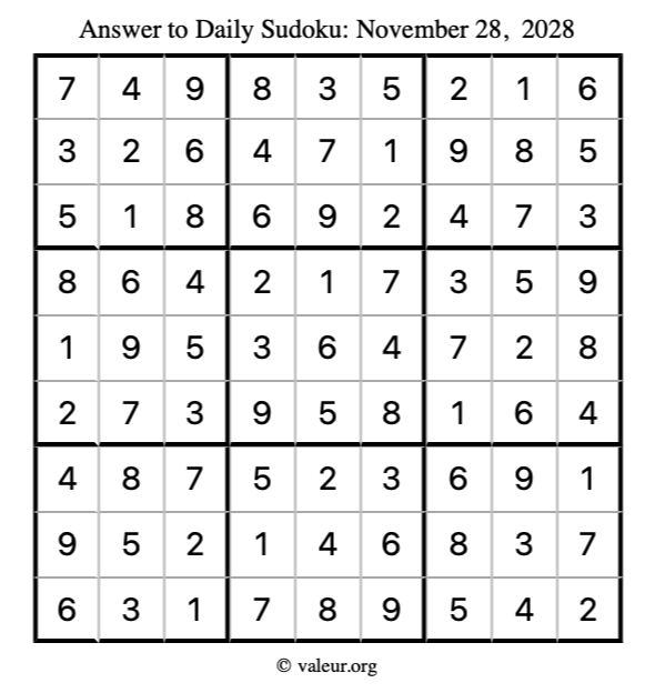 Answer to sudoku November 28, 2028