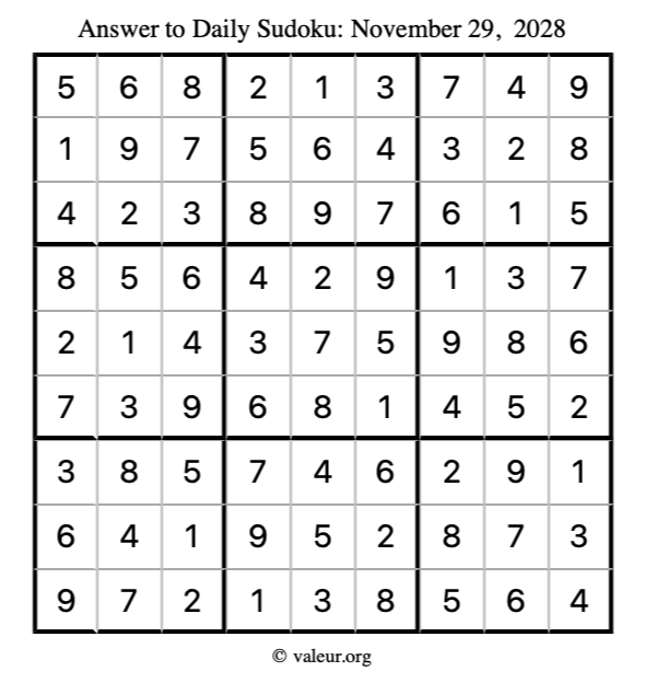 Answer to sudoku November 29, 2028