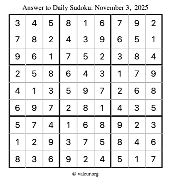 Answer to sudoku November 3, 2025