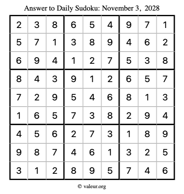 Answer to sudoku November 3, 2028