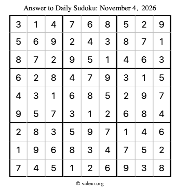 Answer to sudoku November 4, 2026