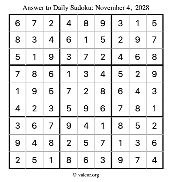 Answer to sudoku November 4, 2028
