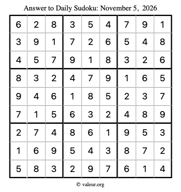 Answer to sudoku November 5, 2026
