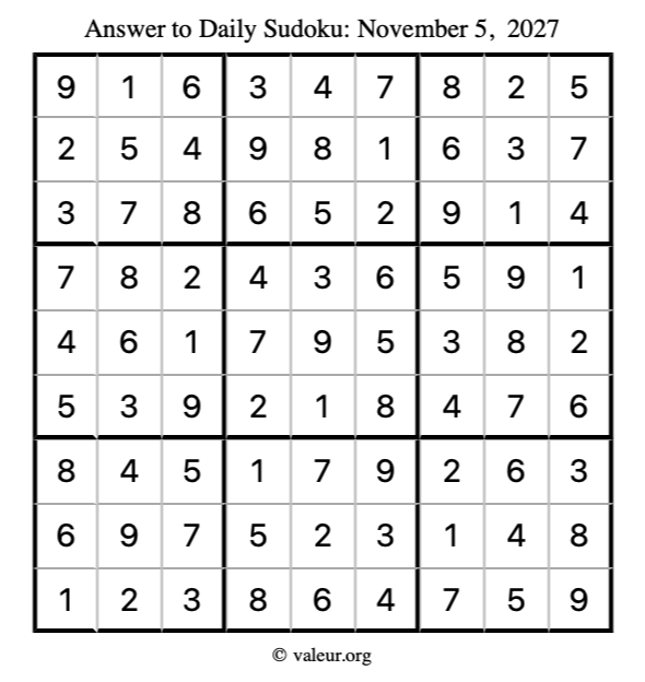 Answer to sudoku November 5, 2027