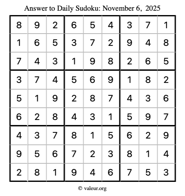Answer to sudoku November 6, 2025