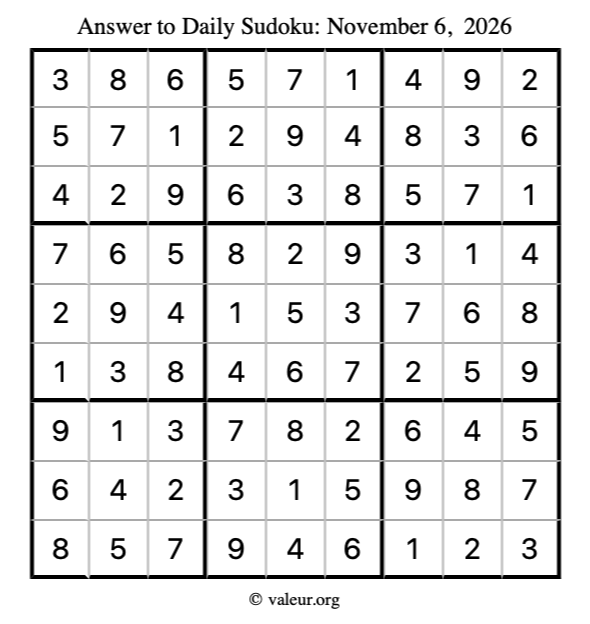 Answer to sudoku November 6, 2026