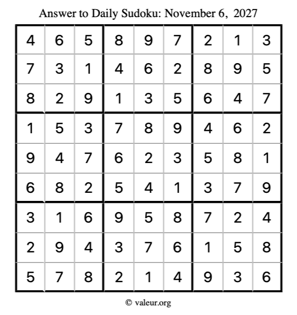 Answer to sudoku November 6, 2027