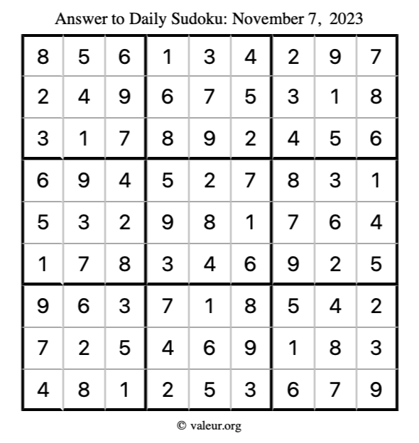 Answer to sudoku November 7, 2023