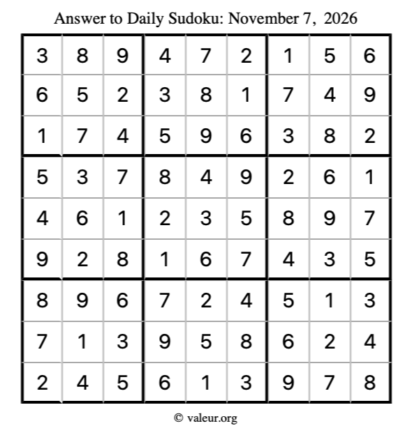 Answer to sudoku November 7, 2026