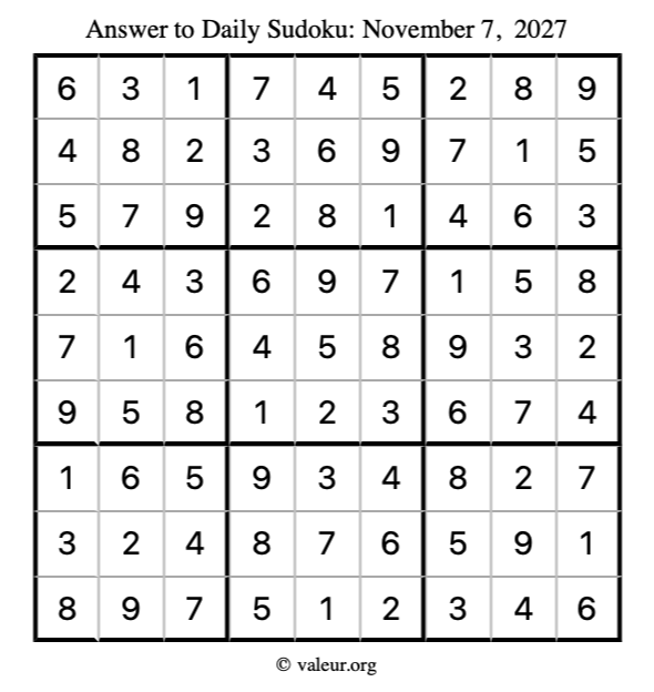 Answer to sudoku November 7, 2027