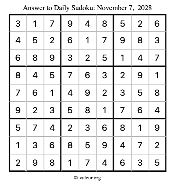 Answer to sudoku November 7, 2028