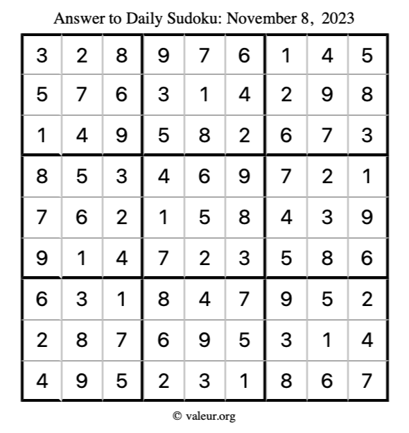 Answer to sudoku November 8, 2023