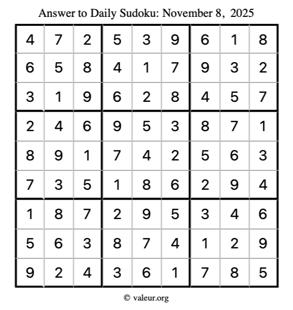 Answer to sudoku November 8, 2025
