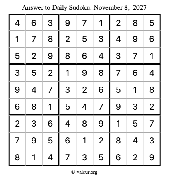 Answer to sudoku November 8, 2027