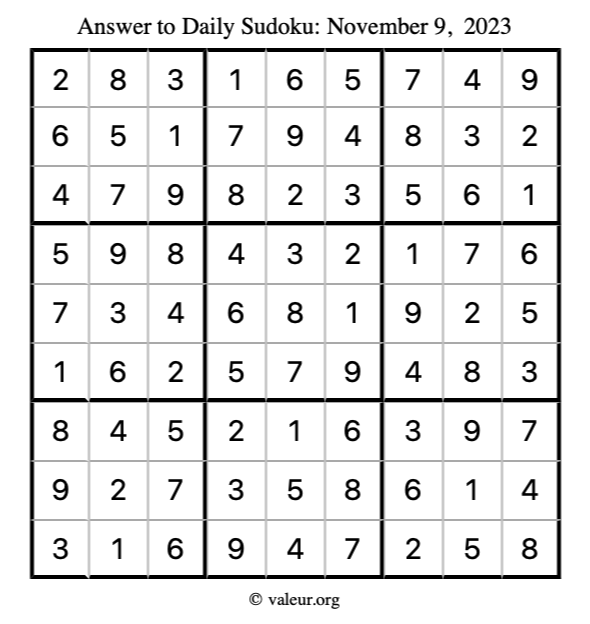 Answer to sudoku November 9, 2023