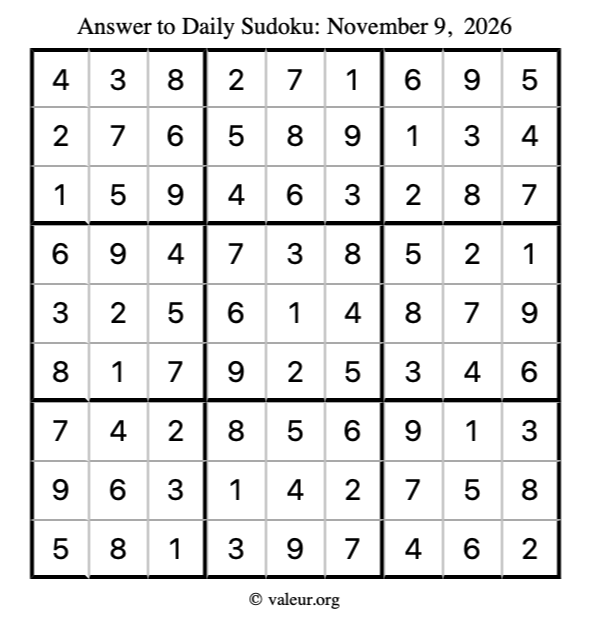 Answer to sudoku November 9, 2026