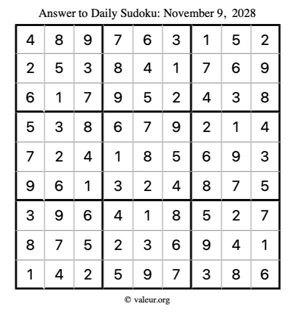 Answer to sudoku November 9, 2028