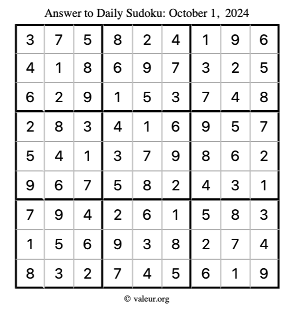 Answer to sudoku October 1, 2024