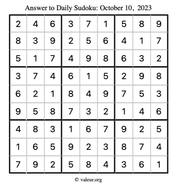 Answer to sudoku October 10, 2023