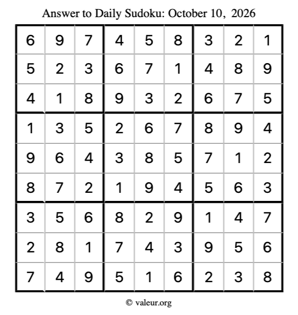 Answer to sudoku October 10, 2026