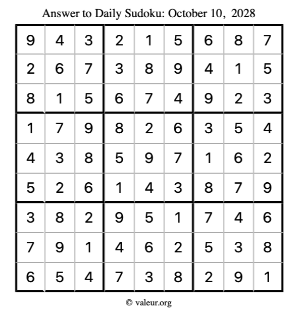 Answer to sudoku October 10, 2028