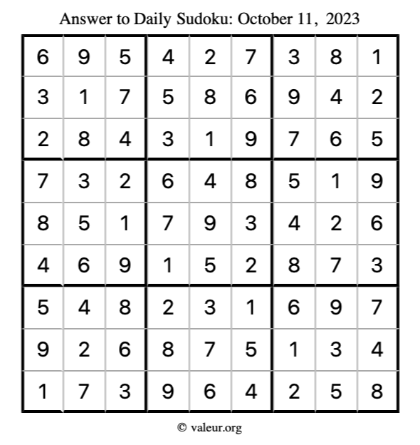 Answer to sudoku October 11, 2023