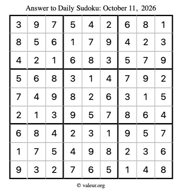 Answer to sudoku October 11, 2026