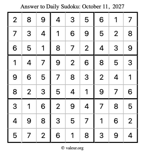 Answer to sudoku October 11, 2027