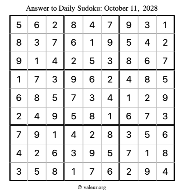 Answer to sudoku October 11, 2028