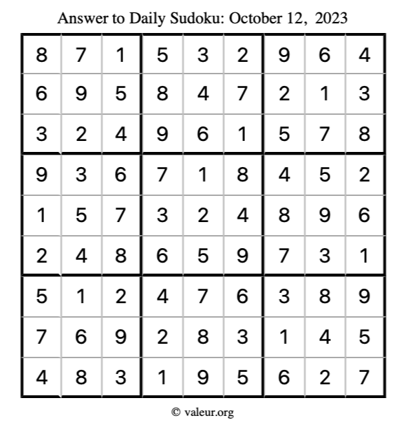 Answer to sudoku October 12, 2023