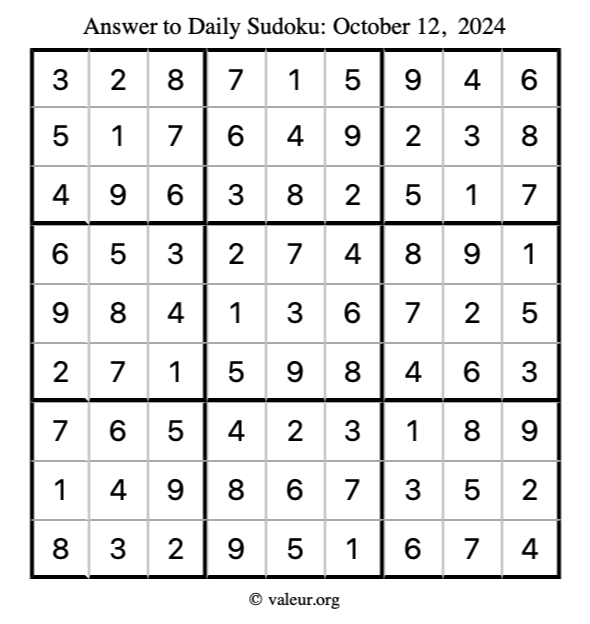 Answer to sudoku October 12, 2024