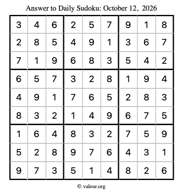 Answer to sudoku October 12, 2026