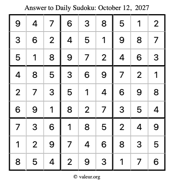 Answer to sudoku October 12, 2027