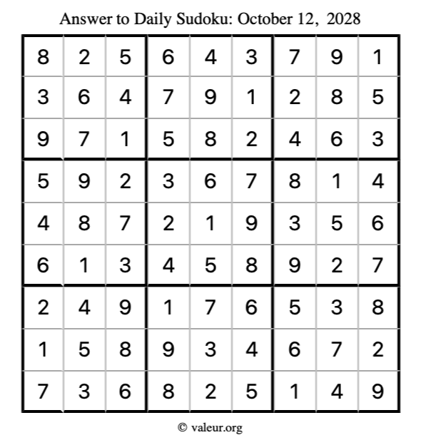 Answer to sudoku October 12, 2028