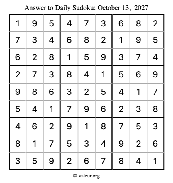 Answer to sudoku October 13, 2027