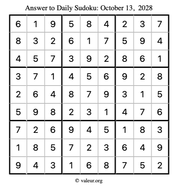 Answer to sudoku October 13, 2028