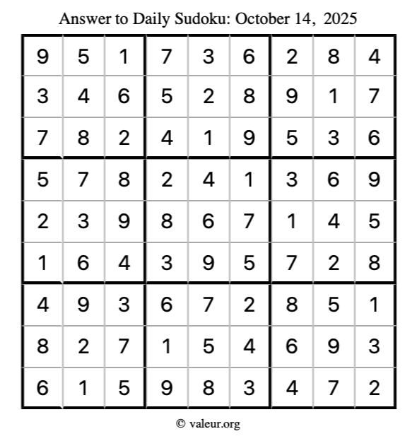 Answer to sudoku October 14, 2025