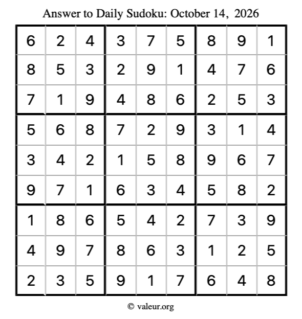 Answer to sudoku October 14, 2026