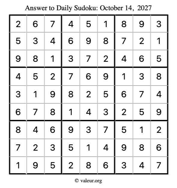 Answer to sudoku October 14, 2027