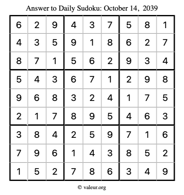 Answer to sudoku October 14, 2039